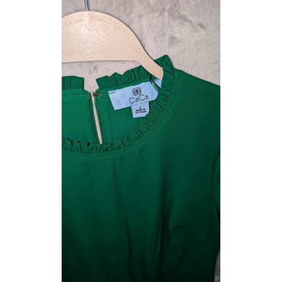 CeCe Ruffle Neck Short Sleeve Godet A-Line Dress‎ Women's 2 Lush Green Back Zip - Picture 2 of 10